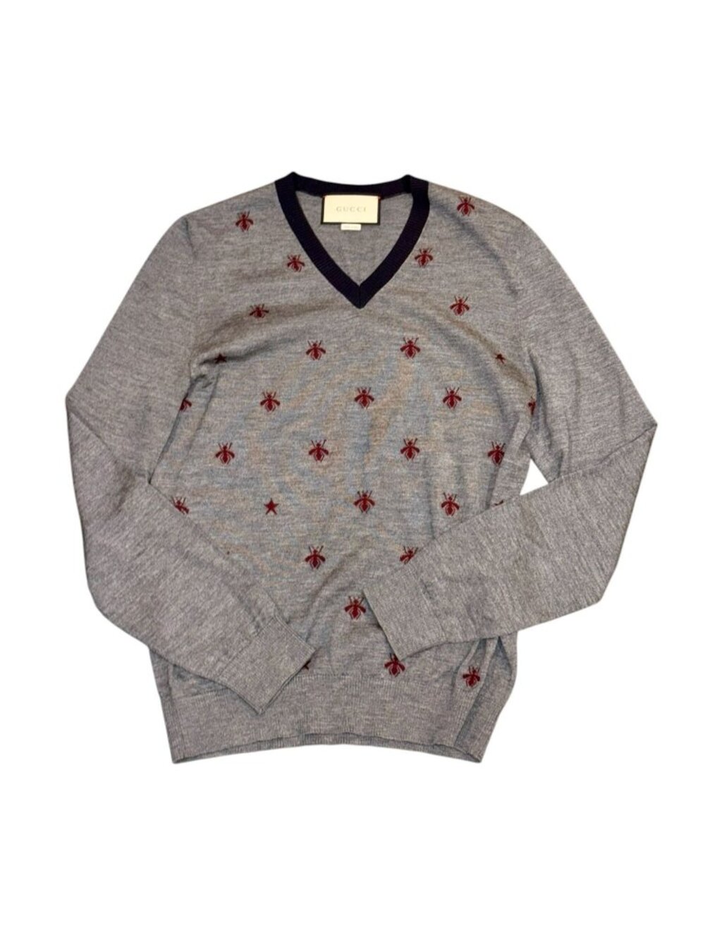 Gucci Gray Bee Embroidered V-Neck Wool Sweater, Small